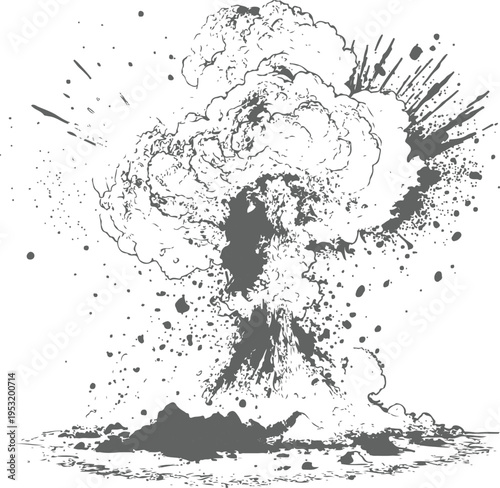 Dramatic Volcanic Eruption on Remote Island With Explosive Ash Plume and Debris Splash.