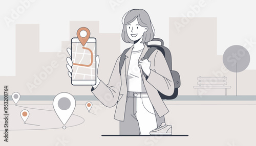 Young Woman Traveler Using Smartphone Application for Navigation and Location Tracking in Urban Park Setting