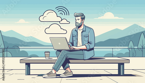 Digital Nomad Working Remotely Outdoors with Laptop Connecting to Wireless Cloud Network in Scenic Landscape Setting
