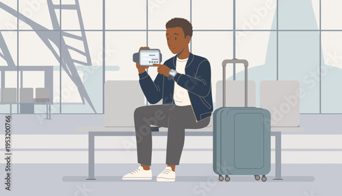 Traveler Using Smartphone Mobile Boarding Pass Waiting at Modern Airport Terminal Gate Before Flight Departure