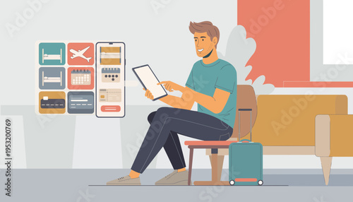 Young Man Using Digital Device for Travel Booking and Accommodation Search While Waiting in Interior Space