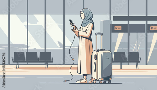 Woman in Hijab Charging Smartphone Waiting at Modern Airport Departure Gate with Rolling Luggage