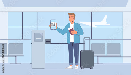 Traveler Using Mobile Boarding Pass at Airport Self Service Kiosk Before Flight Departure