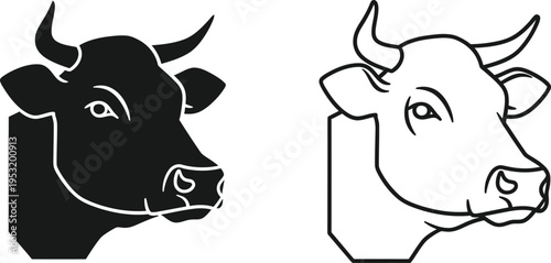 Cow Head Silhouette and Outline Vector Icon Set Vector