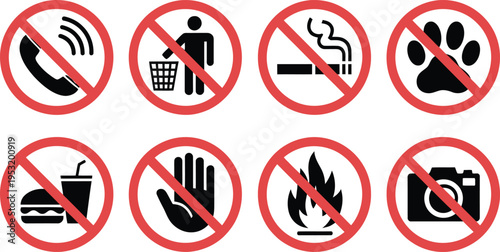 Vector set of red prohibition signs and icons including no dogs allowed and no smoking symbols isolated on white for safety information