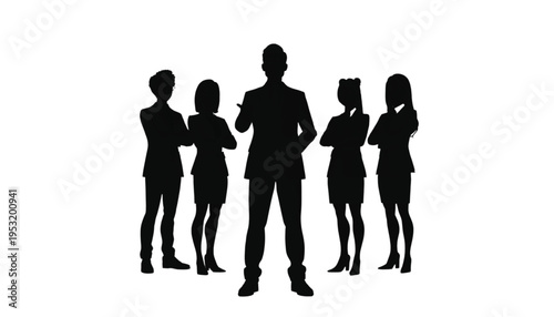 A commanding male leader stands forward with four associates positioned closely in a strong team silhouette.