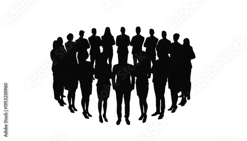 A large circle of diverse business team members forms a cohesive group silhouette around a central figure.