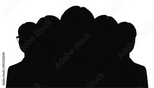 The upper silhouettes of five distinct individuals merge together forming a unified, dense mass against.