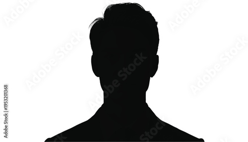 A male head and shoulders silhouette is rendered in solid black against a clean white backdrop for profile.