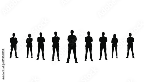 Ten business figures form a straight line silhouette, centered by a taller individual with arms crossed.