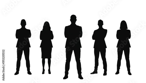 A small core team of five executive silhouettes displays united professional posture with arms folded.