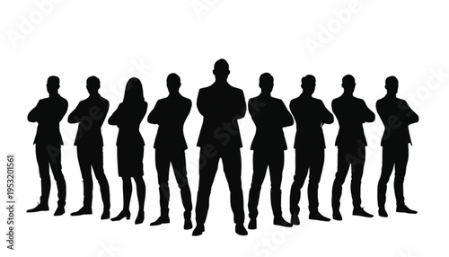 A large group of diverse business professionals stands confidently with arms crossed against a white.