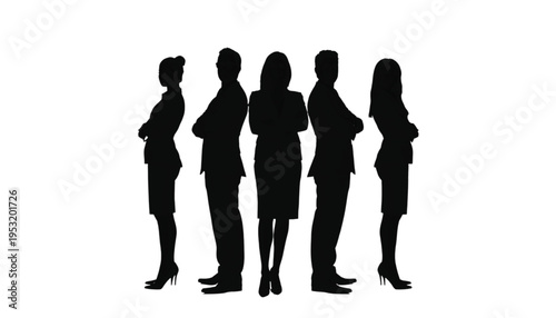 Five professional businesspeople stand facing away from each other with arms crossed in silhouette against.