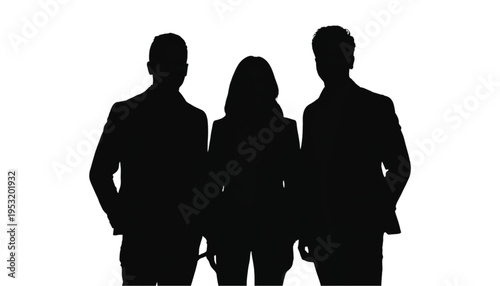 Silhouette of three diverse business professionals standing together against a bright white background for.