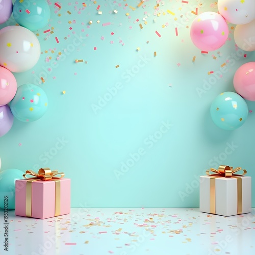 Festive party backdrop with pastel balloons gifts confetti decorates turquoise wall birthday party photo with colorful balloons presents adorable birthday decorations kids party theme studio backdrop 