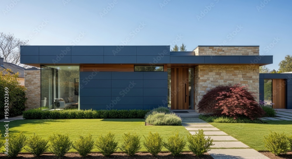 Obraz premium Modern Architectural Home With Stone And Wood Facade Sunny Day Clear Sky