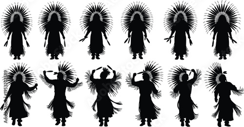 Traditional Native American Indian Dancer Silhouette Collection Featuring Indigenous Warriors in Headdress and Tribal Costume for Cultural Heritage Celebration Performance and History Design Projects