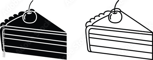 Black and White Cherry Cake Slice Icon Set Vector