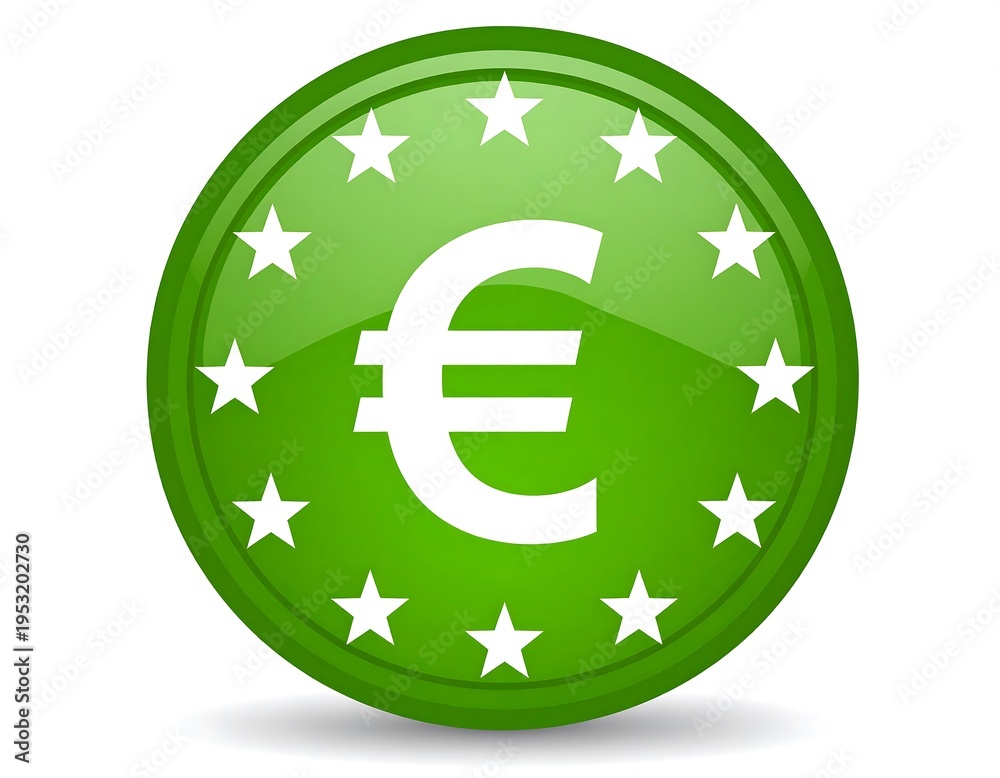Obraz premium Glossy green button with a white euro symbol surrounded by star emblems