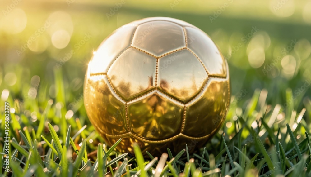 Fototapeta premium Golden soccer ball on lush green grass at sunrise with warm lighting and bokeh effect