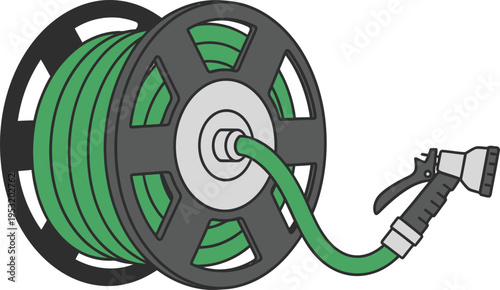 Garden hose on reel with spray nozzle attached for watering plants and garden care on transparent background