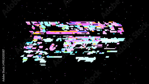 Pixelated glitch vector with red pink tones, digitalism concept in cosmic pixel space aesthetics for tech and gaming use. Dark background with subtle noise enhances contrast. Ideal for tech brandin...