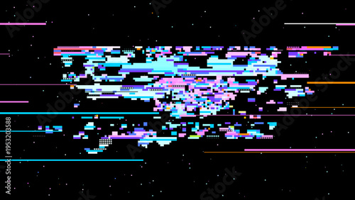 Abstract digital glitch vector in cosmic pixel space style with red pink accents, focused on digitalization and data transformation. Dark background with subtle noise enhances contrast. Ideal for t...