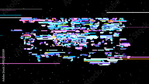 Pixelated glitch vector with red pink tones, digitalism concept in cosmic pixel space aesthetics for tech and gaming use. Ideal for tech branding, UI, and sci-fi graphics.