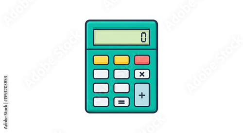 A cartoon style illustration of a teal calculator with colorful buttons on a white background