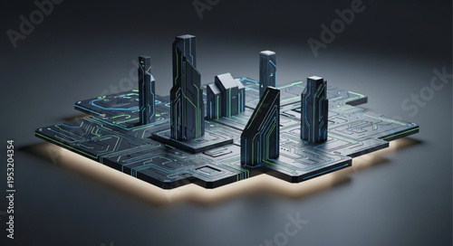 Abstract Cityscape Model with Metallic Buildings and Illuminated Base.