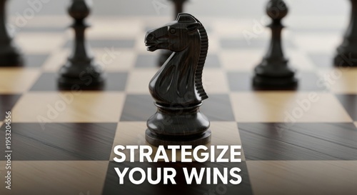 Close up of a black chess knight on a board