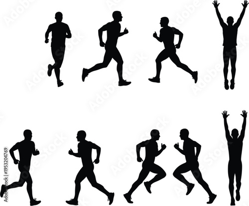 Set of male runner silhouettes in various sprinting and celebrating poses for sports fitness and marathon race competition vector illustration