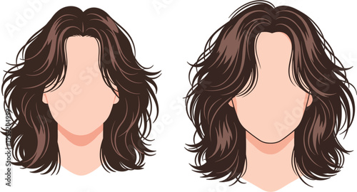 Trendy wolf cut hairstyle for women with long brown wavy layers and curtain bangs flat vector illustration isolated on white