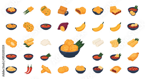 Indonesian Fried Snacks and Street Food Isometric Icon Set. Vector Illustration of Traditional Gorengan, Fried Banana, Bakwan, Tempeh, and Spicy Sambal Chili Sauce.