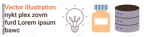 Innovation, healthcare, data storage, digital medicine, creativity, and technology. Lightbulb, medicine bottle and database icons in a row. Innovation and healthcare creatively