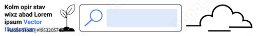 Environment, technology, data storage, search functionality, innovation, cloud computing. Minimalist design magnifying glass, search bar plant and cloud. Environment and technology concepts