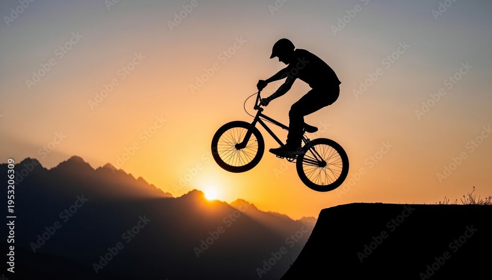 Fototapeta premium BMX Silhouette Soaring High: A silhouette of a BMX rider fearlessly leaps off a ramp against a stunning sunset backdrop, showcasing skill and determination.