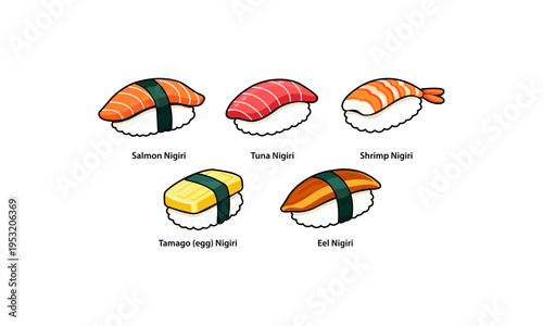 Set of five different types of Japanese nigiri sushi isolated on white background, traditional asian cuisine