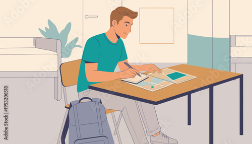 Male Student Studying Maps and Writing Notes at Desk in Dorm Room Accommodation Setting