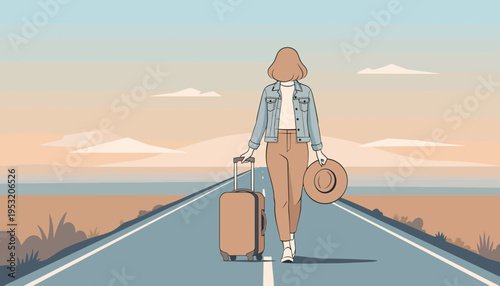 Woman traveler with rolling suitcase walking down an open desert highway toward the horizon at sunset or sunrise