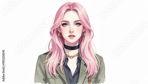 Elegant Portrait: An ethereal digital artwork of a woman with pastel pink hair, captivating the viewer with her beauty and sophistication.