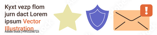 Ratings, protection, security alerts, email notifications, communication, privacy. A star, shield and envelope with an alert icon. Security alerts and email notifications concept