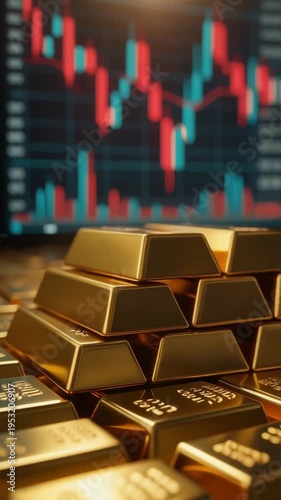 Gold bars and stock market chart represent investment and financial growth. Available on 4k quality vertical video. Ideal for finance, business and economic content.