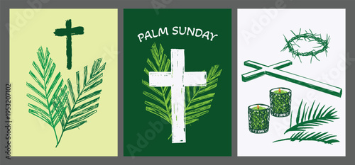 Palm Sunday Religious Banner Collection with Cross and Palm Leaves