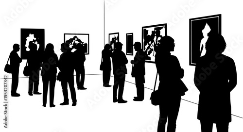 people admiring art in a gallery silhouette vector illustration
