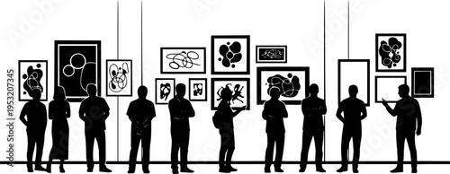people admiring art in a gallery silhouette vector illustration
