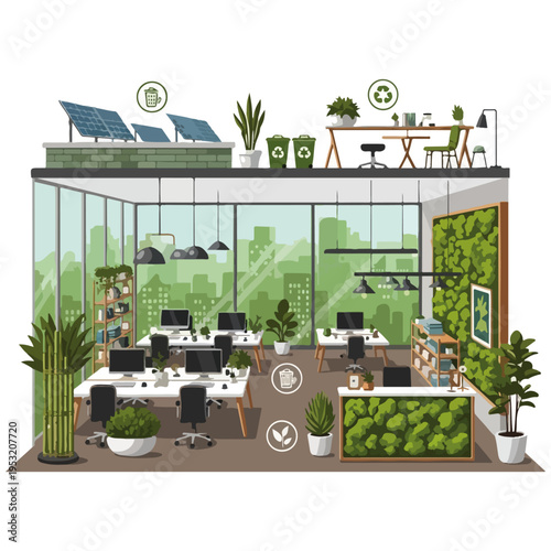 Modern green office interior with sustainable design elements and rooftop solar panels overlooking a city.