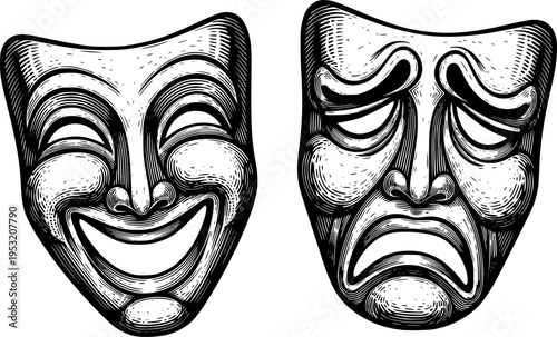 Theater or theatre drama comedy and tragedy masks in a vintage woodcut etching style
