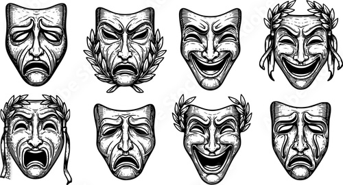 Theater or theatre drama comedy and tragedy masks in a vintage woodcut etching style
