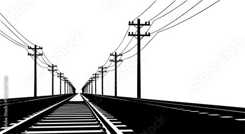 Black and white railway tracks with electric poles vector design. High-contrast railway tracks and power lines silhouettes vector. Silhouette train tracks and utility poles vector